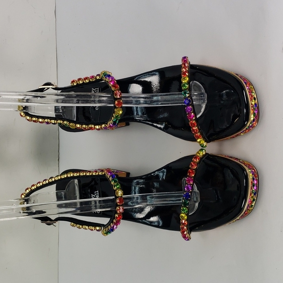 NEW JEFFREY CAMPBELL RHINESTONES BLACK FAUX PATENT LEATHER SANDALS WOMEN'S 8 - Picture 2 of 15